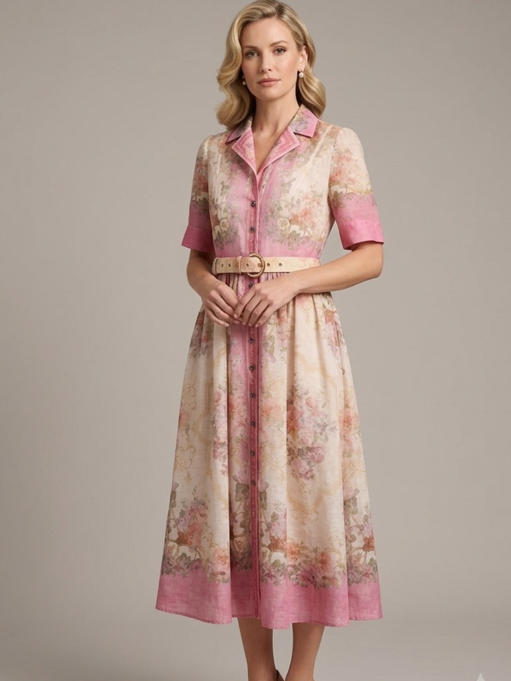 Sorrentos Pink Floral Watercolor Midi Dress with Belt Size M